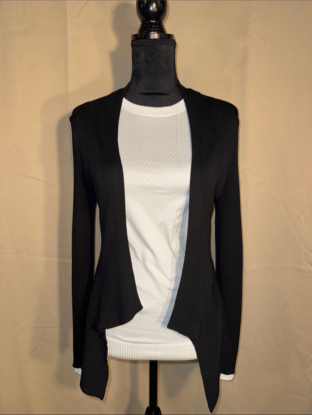 White House Black Market Ribbed Open Front Bi Level Black Cardigan Sweater